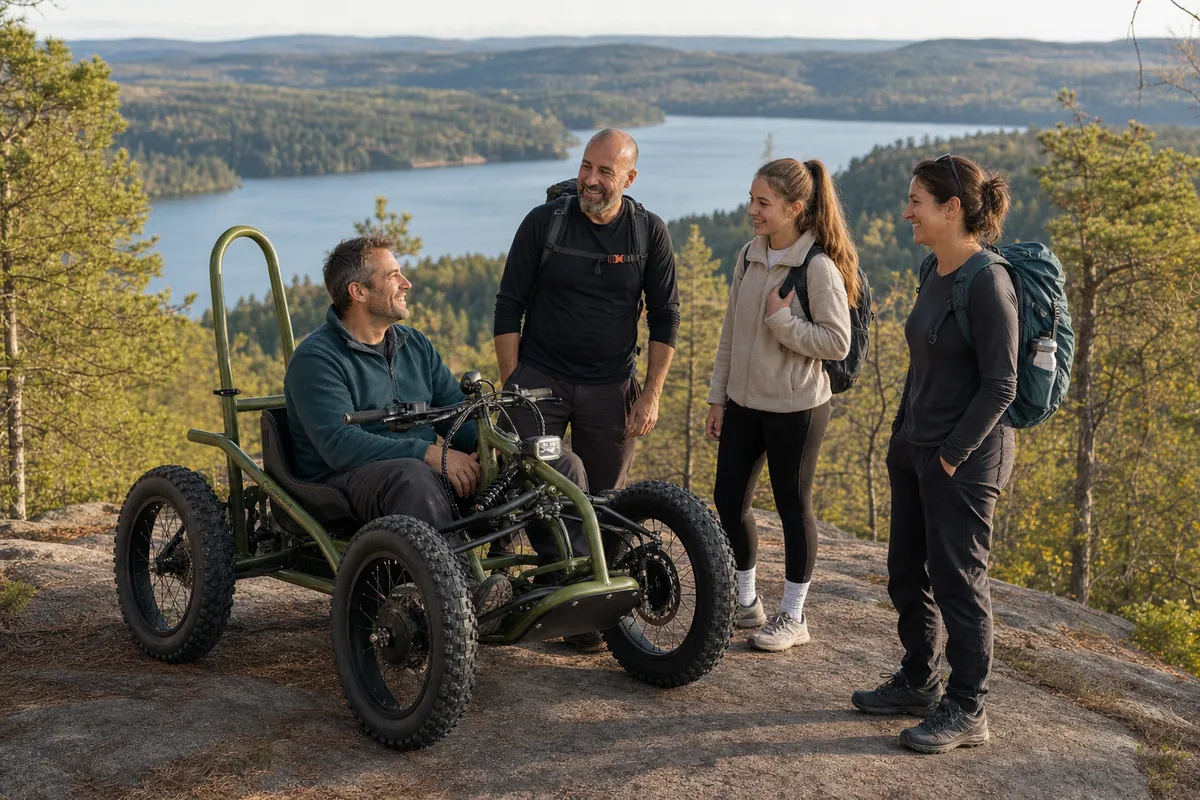 Sortie de groupe en sentier, un utilisateur en ExoQuad entouré de ses proches