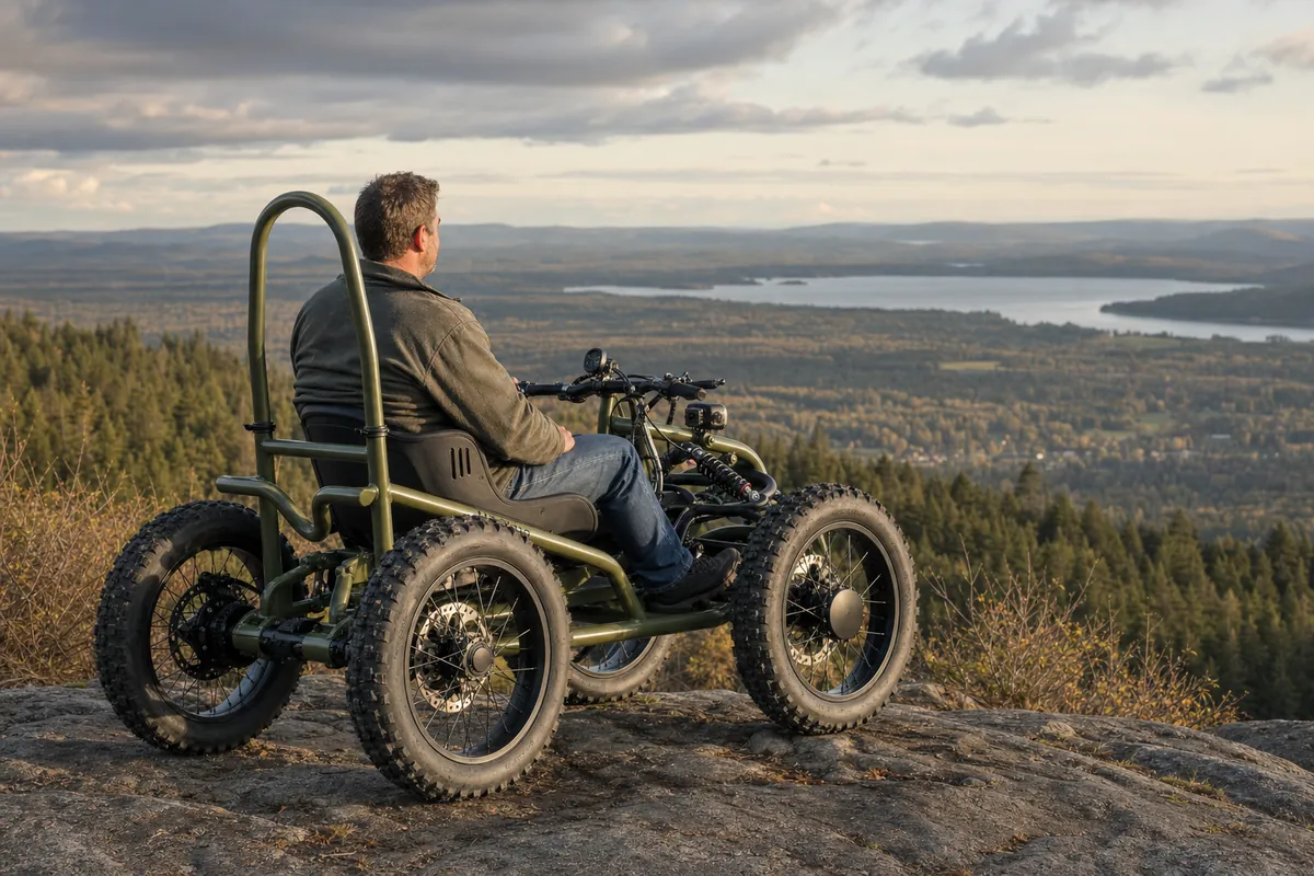 ExoQuad arrêté sur un affleurement rocheux devant une vallée boisée